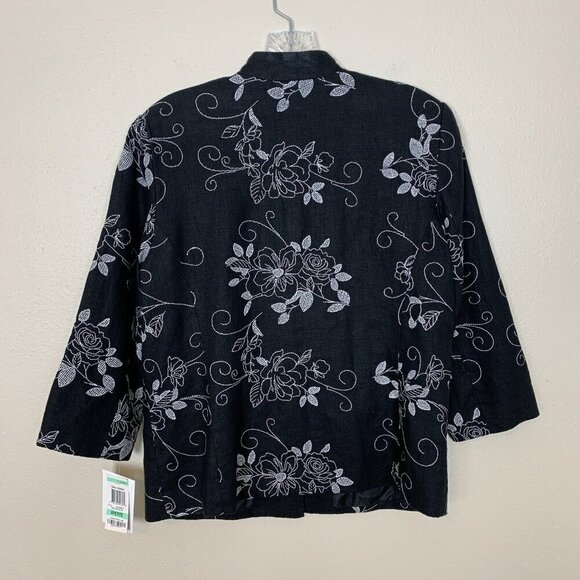 JM Collection Womens Linen Jacket 8 Petite NEW Black Floral Embroidered Shacket - Picture 3 of 15